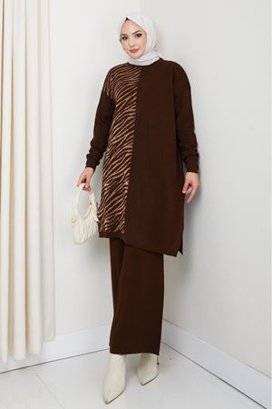 Zebra Desen Detaylı Triko Takım – Kahve