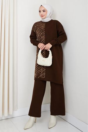 Zebra Desen Detaylı Triko Takım – Kahve