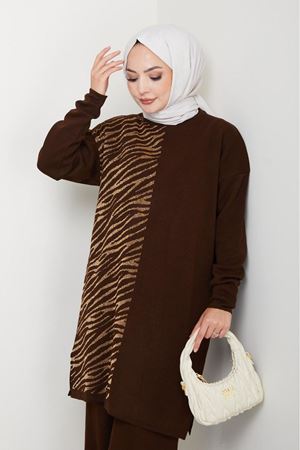 Zebra Desen Detaylı Triko Takım – Kahve