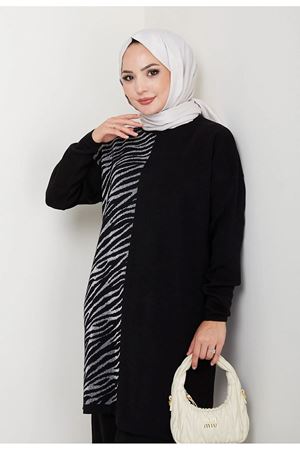 Zebra Desen Detaylı Triko Takım – Siyah