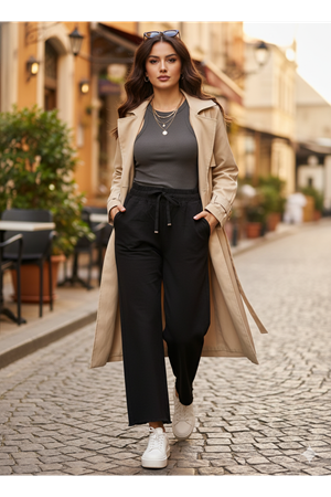 Yüksek Bel Lastikli Dokulu Jogger Pantolon – Siyah