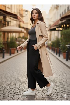 Yüksek Bel Lastikli Dokulu Jogger Pantolon – Siyah