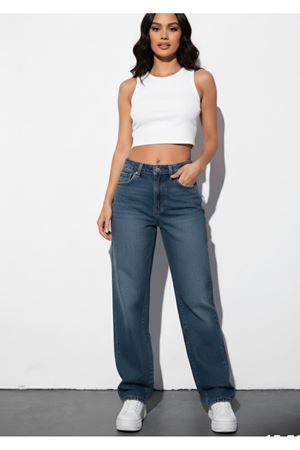 Kadin High Waist Straight Fit Denim pantolon - Mavi