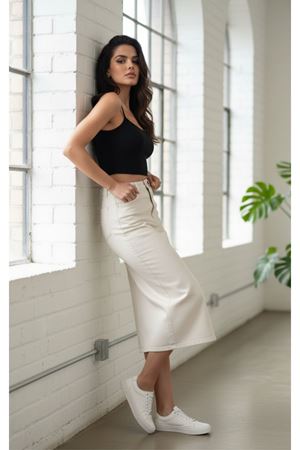 Krem Denim pamuklu Midi Etek