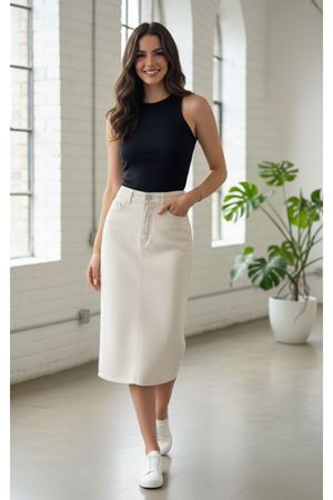 Krem Denim pamuklu Midi Etek