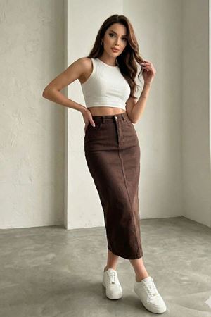 Acı Kahve Denim pamuklu Midi Etek