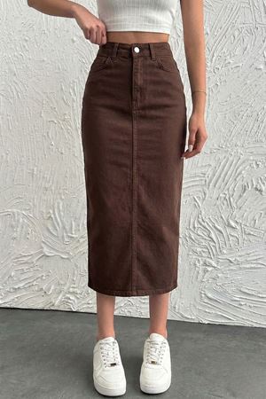 Acı Kahve Denim pamuklu Midi Etek