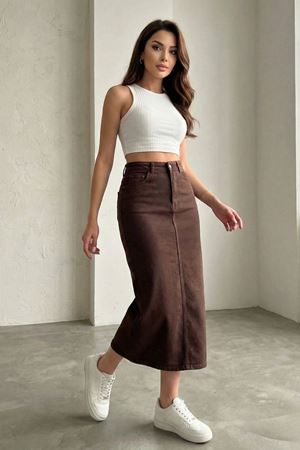 Acı Kahve Denim pamuklu Midi Etek