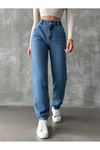 Denim mom jean yüksel bel paça pensli pantolon - Mavi