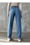 Denim mom jean yüksel bel paça pensli pantolon - Mavi