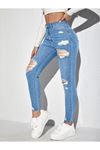Skinny yüksek bel Açık yıkama likralı yırtık jean 