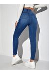 Skinny yüksek bel  likralı yırtık jean  - Koyu Yıkama