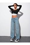 Kadın Wide Leg Jeans  High Waist Relax Fit Denim Palazzo -Açık Mavi