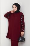 Leopar Desenli Kol Detaylı Triko Takım – Bordo